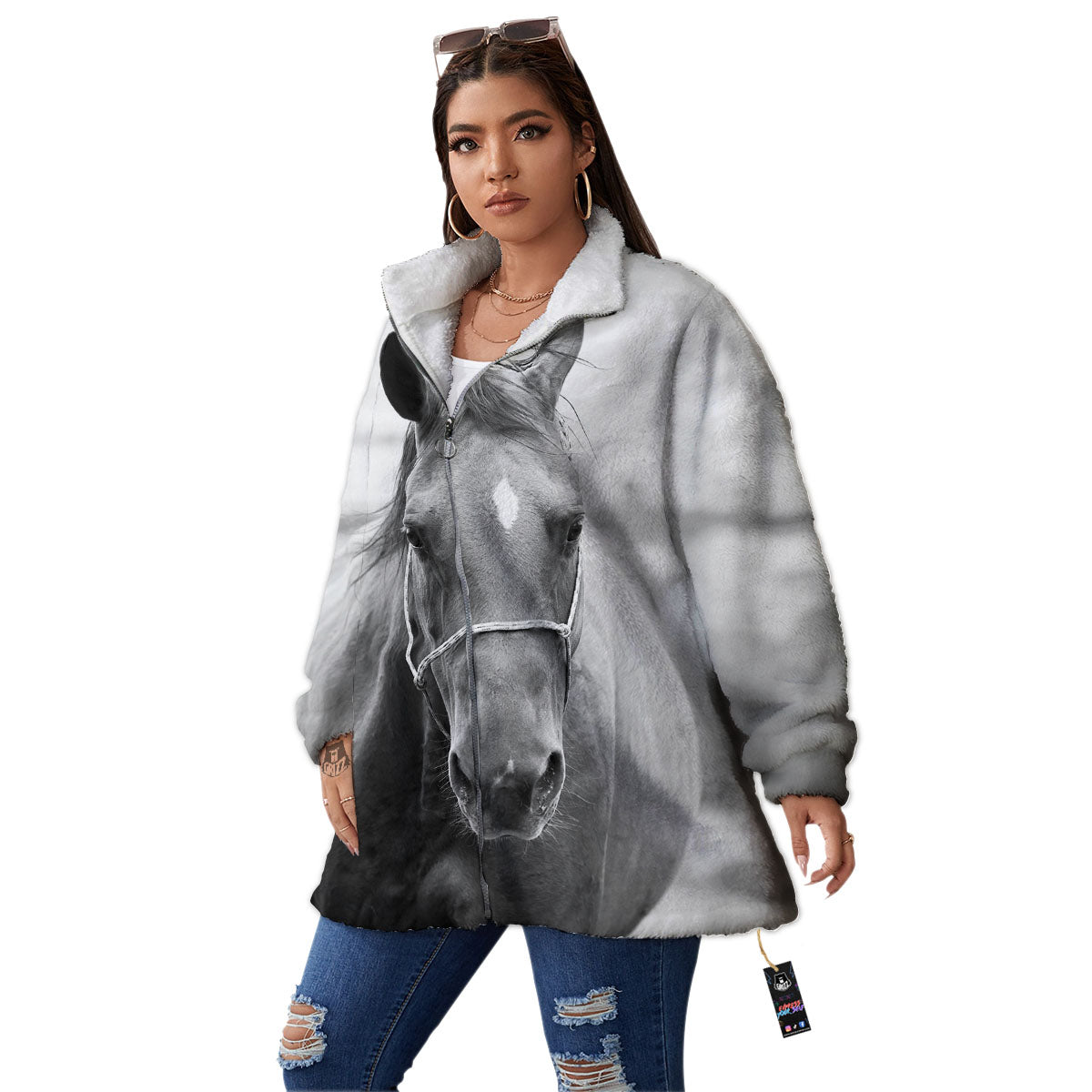 Horse Monochrome Print Women's Sherpa Jacket-grizzshop