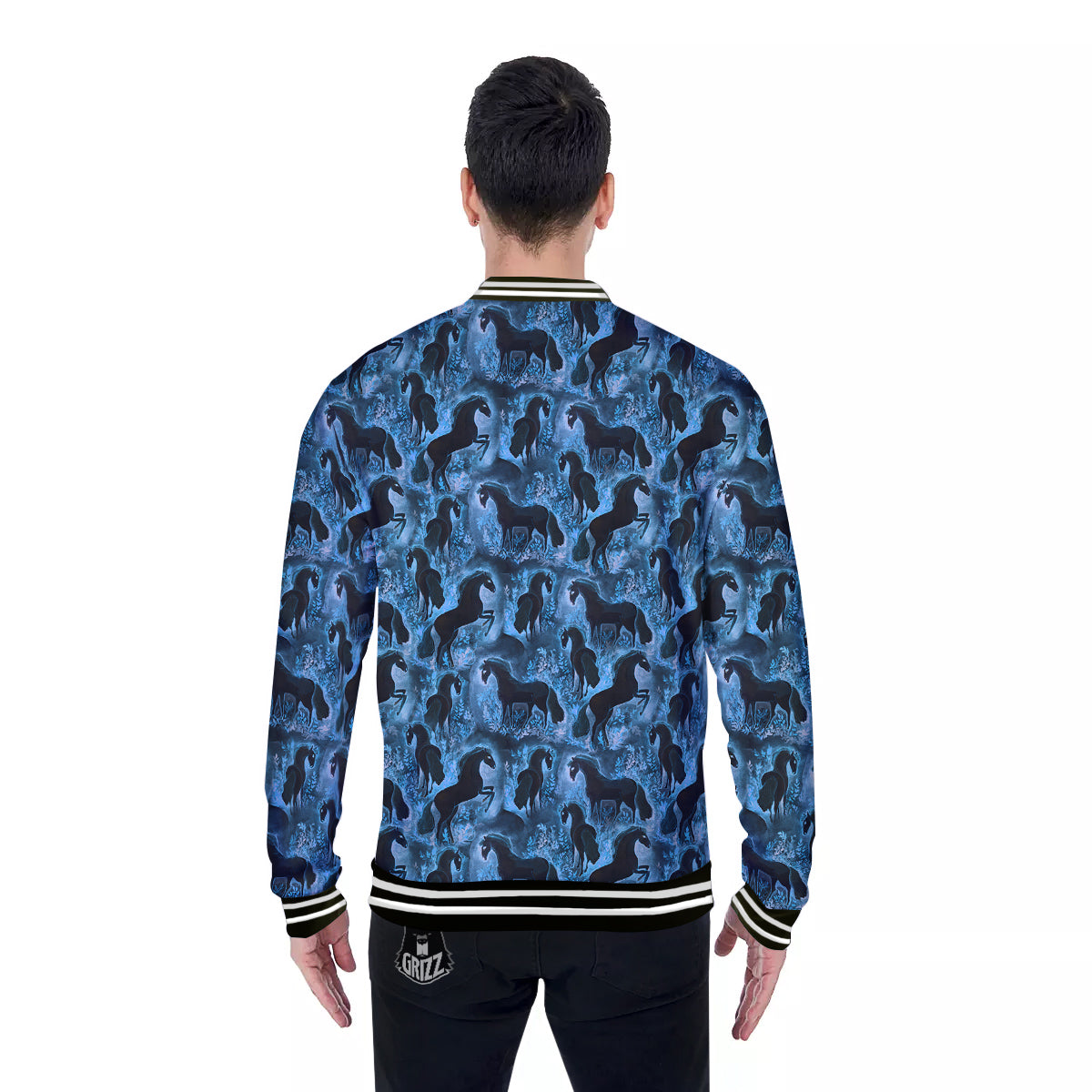 Horse Painting Dark Blue Print Baseball Jacket-grizzshop