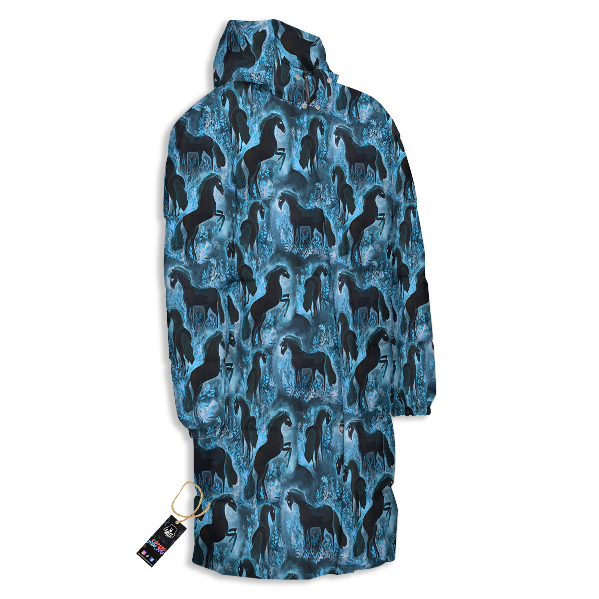 Horse Painting Dark Blue Print Long Down Jacket-grizzshop