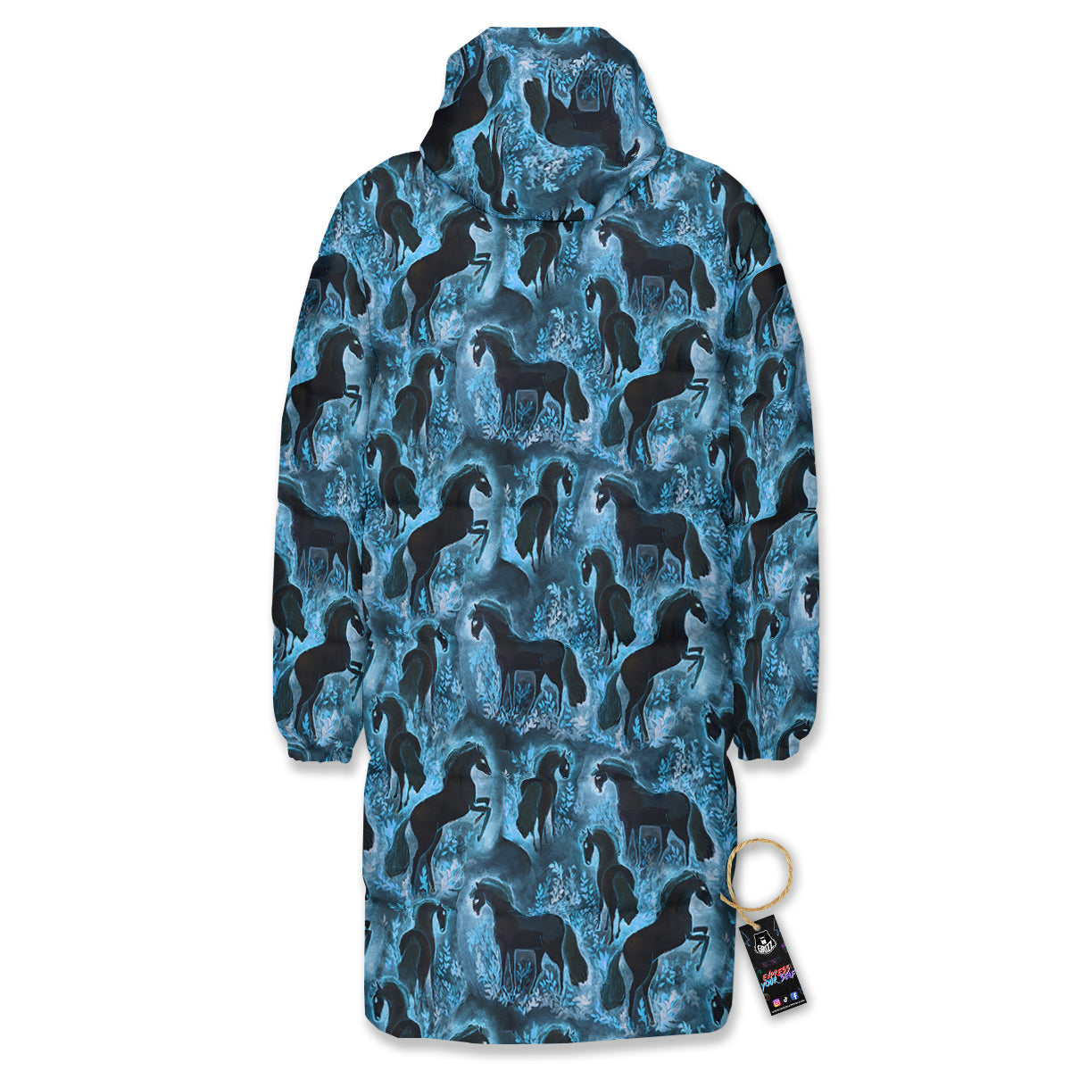 Horse Painting Dark Blue Print Long Down Jacket-grizzshop