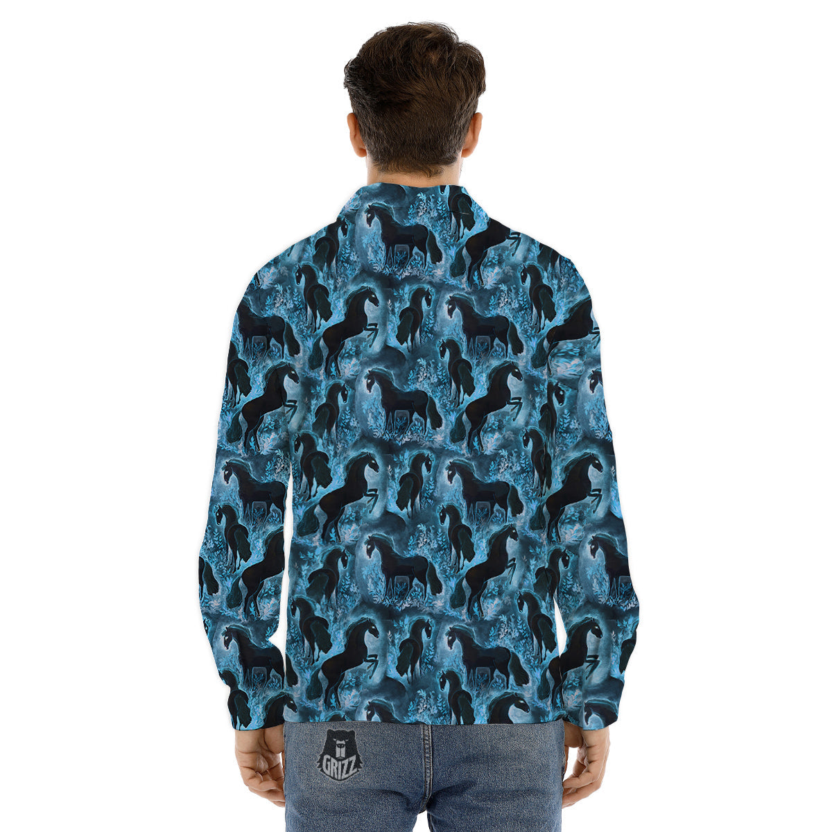 Horse Painting Dark Blue Print Men's Dress Shirts-grizzshop