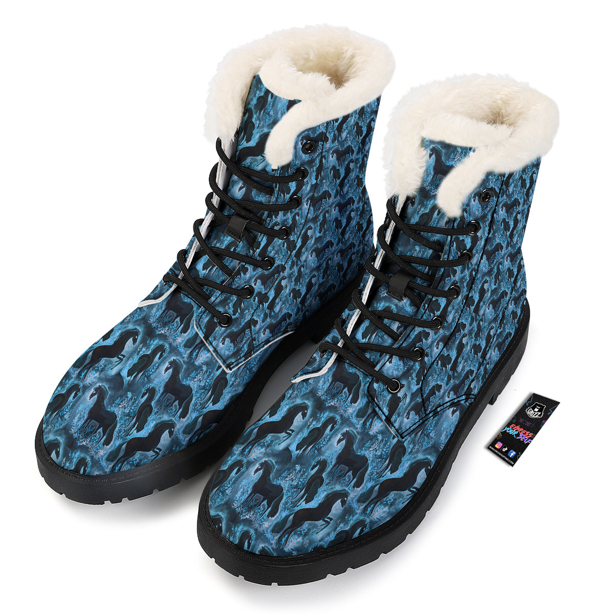 Horse Painting Dark Blue Print Winter Boots-grizzshop