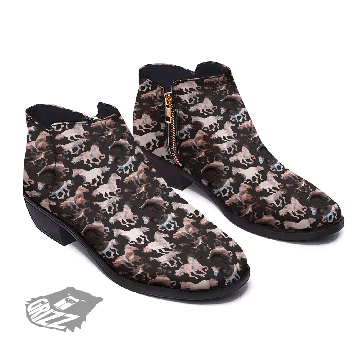 Horse Painting Dark Pink Print Ankle Boots-grizzshop
