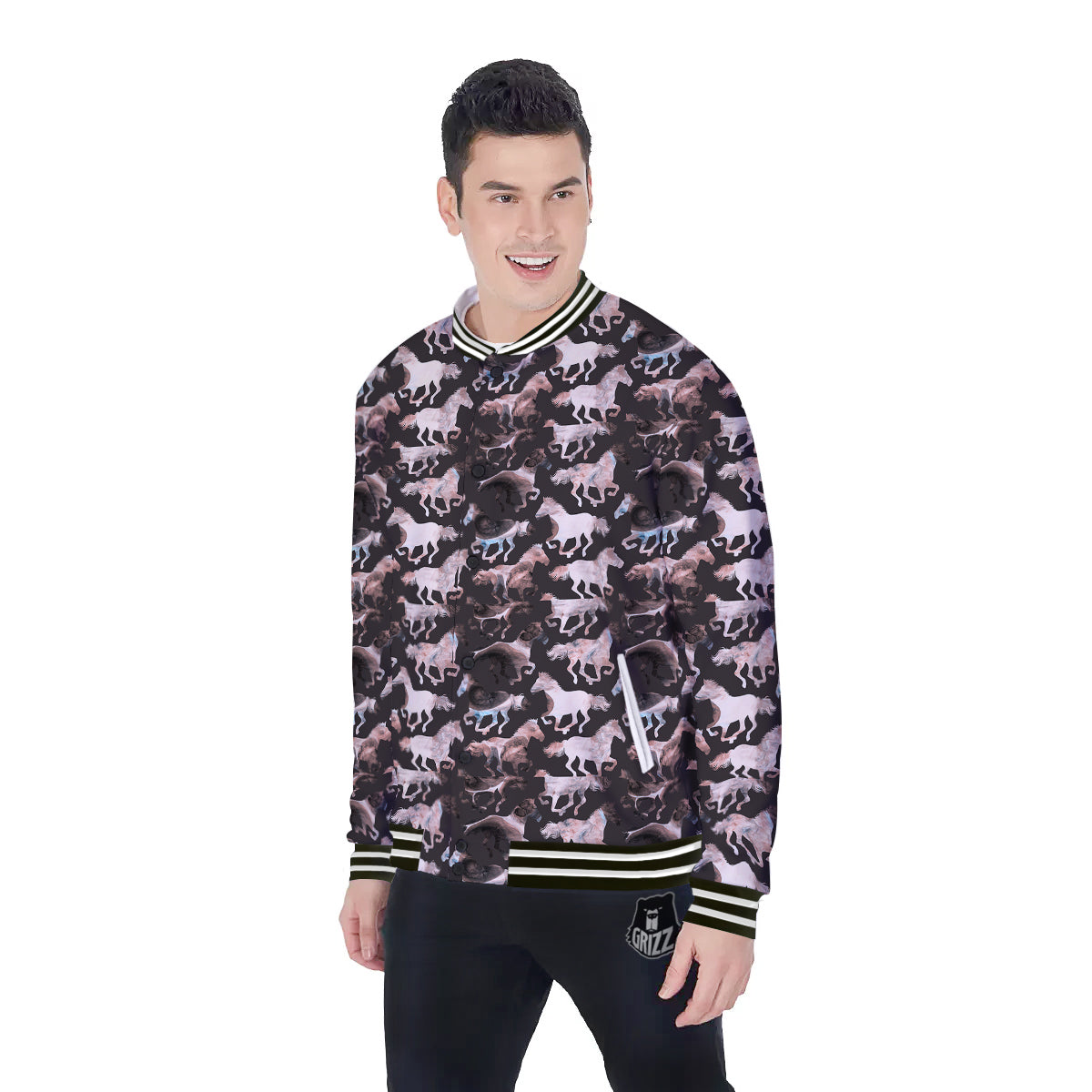 Horse Painting Dark Pink Print Baseball Jacket-grizzshop