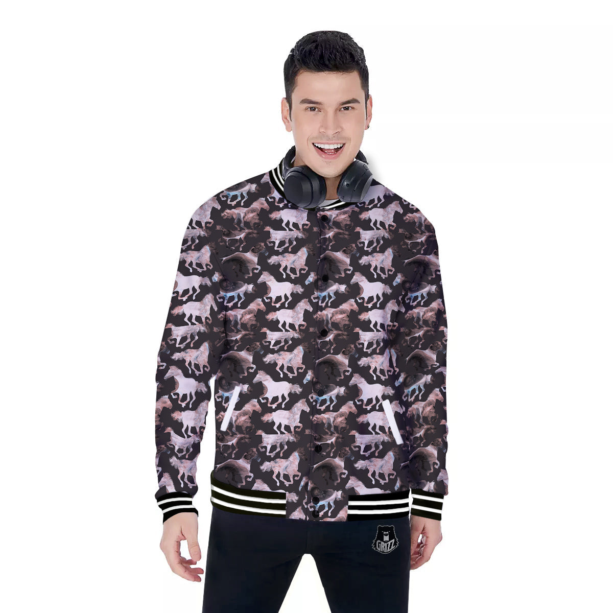 Horse Painting Dark Pink Print Baseball Jacket-grizzshop