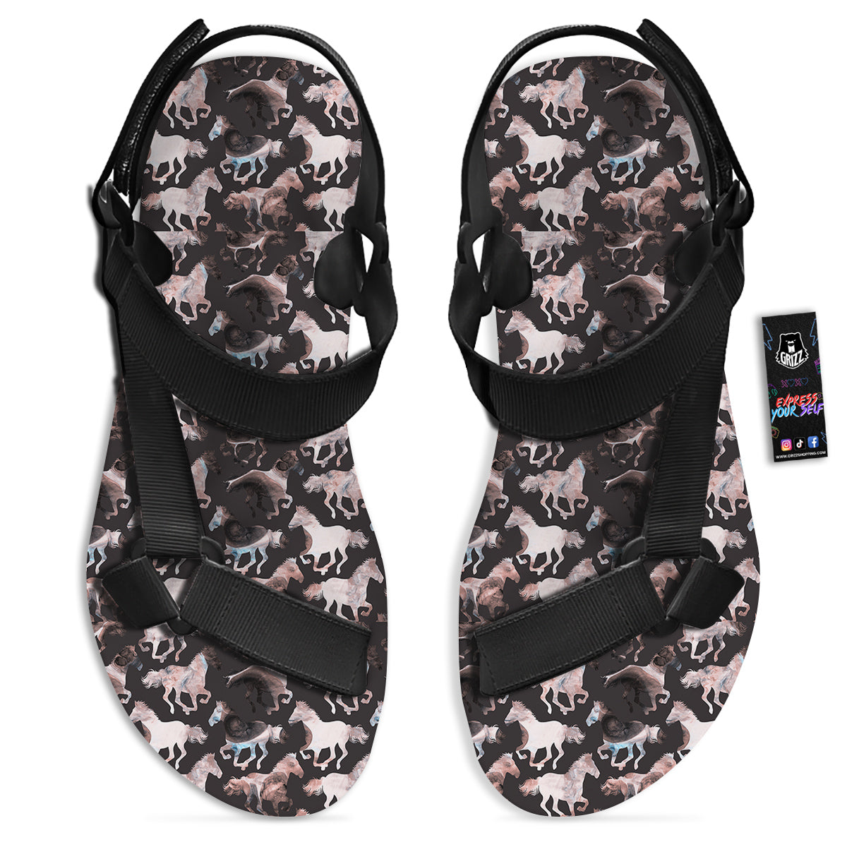 Horse Painting Dark Pink Print Black Open Toe Sandals-grizzshop
