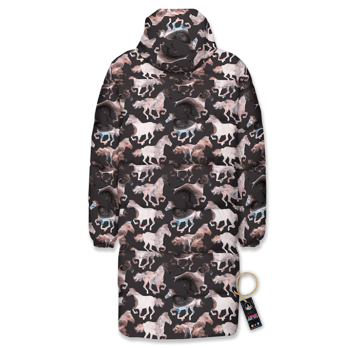 Horse Painting Dark Pink Print Long Down Jacket-grizzshop