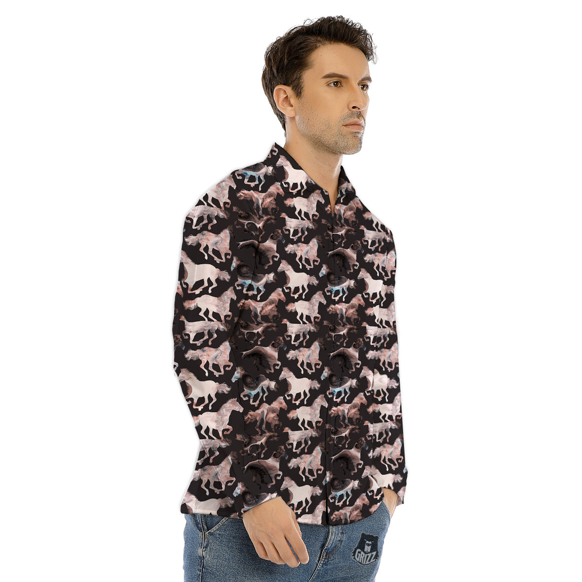 Horse Painting Dark Pink Print Men's Dress Shirts-grizzshop