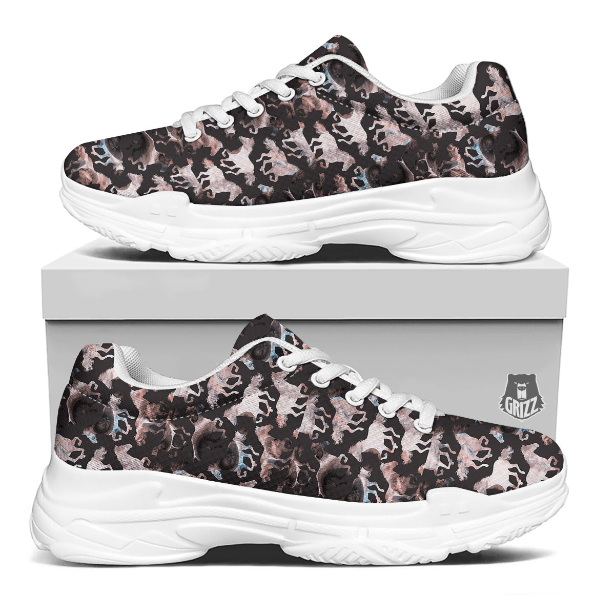 Horse Painting Dark Pink Print White Chunky Shoes-grizzshop