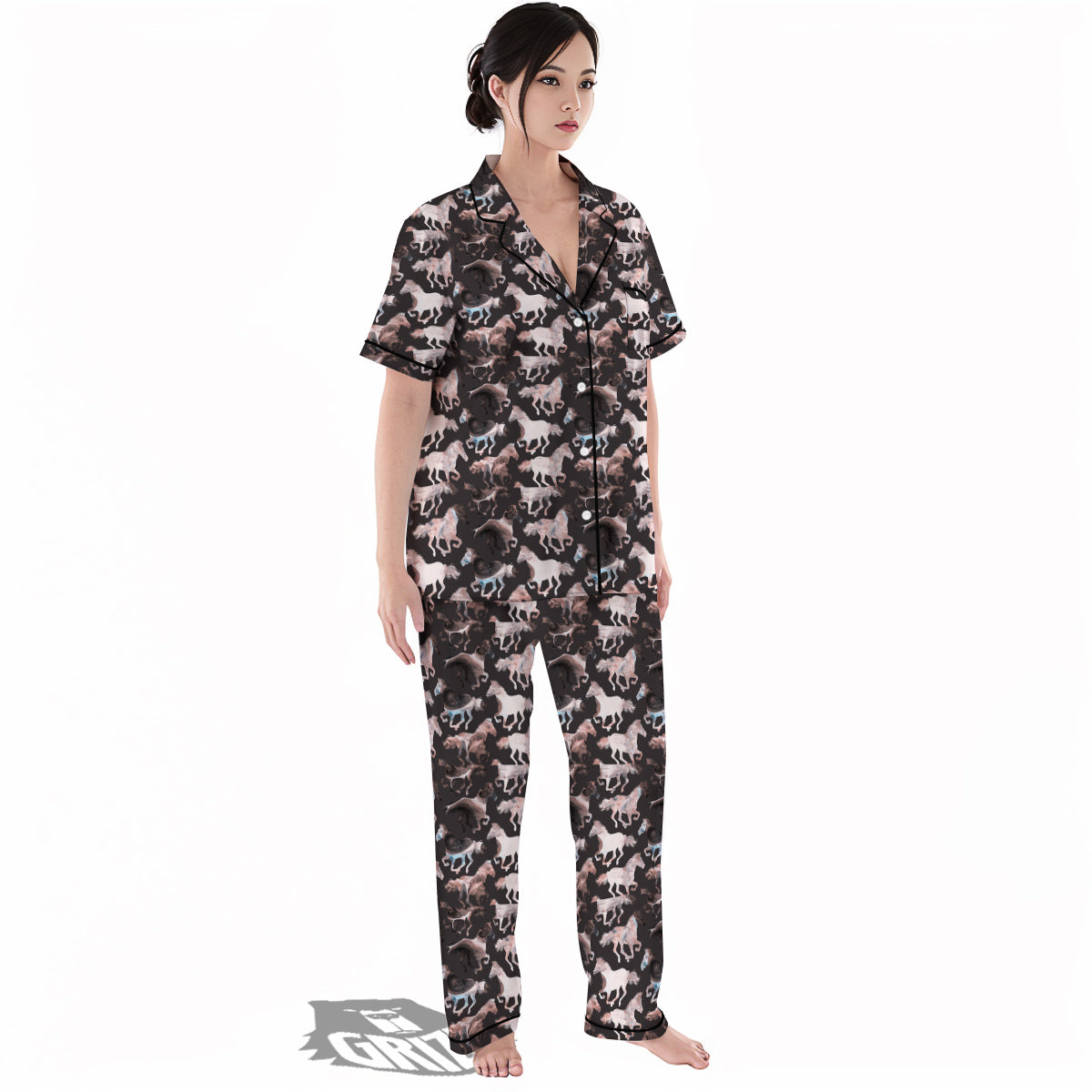 Horse Painting Dark Pink Print Women's Pajamas Set-grizzshop