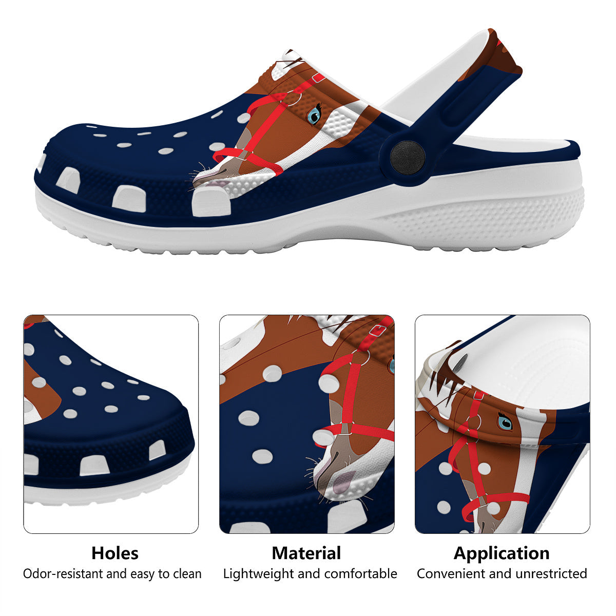 Horse Portrait Dark Blue Print Clog-grizzshop