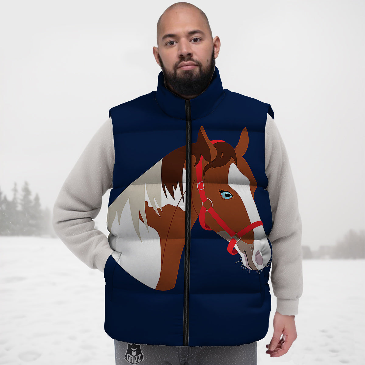 Horse Portrait Dark Blue Print Down Vest