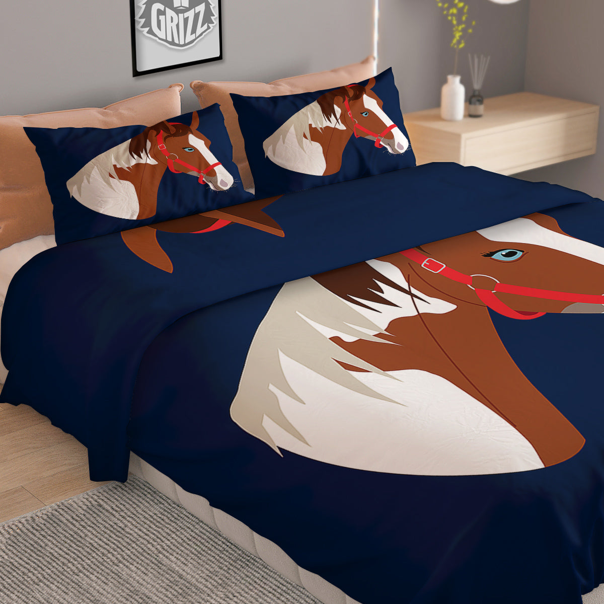 Horse Portrait Dark Blue Print Duvet Cover Bedding Set