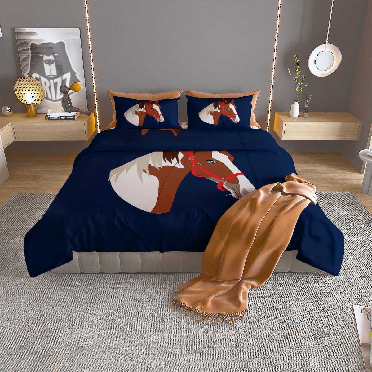Horse Portrait Dark Blue Print Duvet Cover Bedding Set