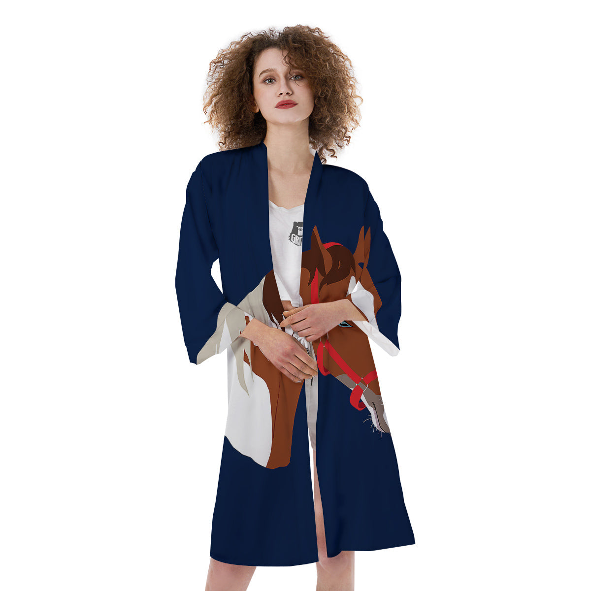 Horse Portrait Dark Blue Print Kimono-grizzshop