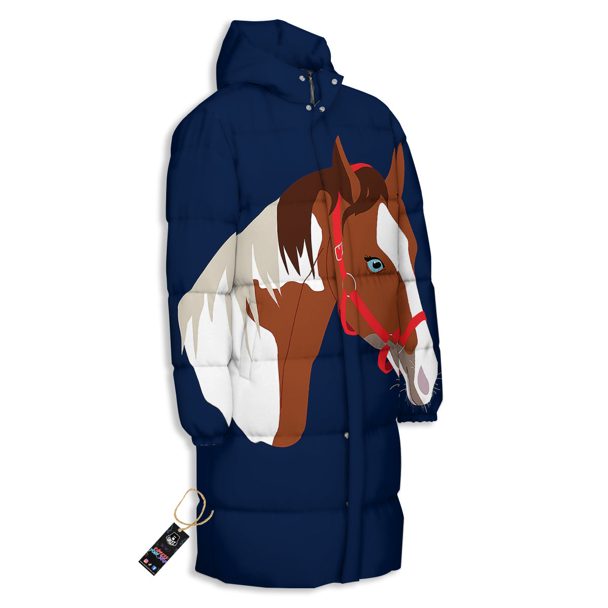 Horse Portrait Dark Blue Print Long Down Jacket-grizzshop