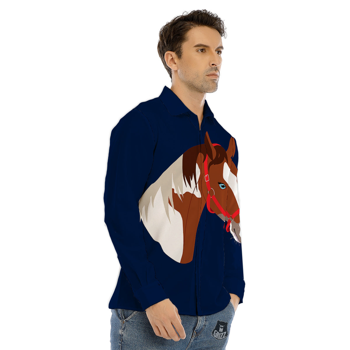 Horse Portrait Dark Blue Print Men's Dress Shirts-grizzshop