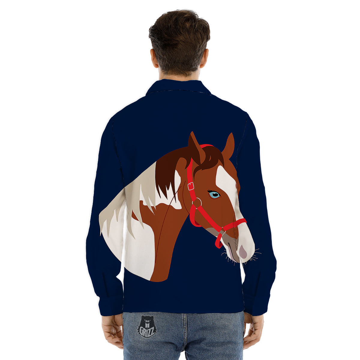 Horse Portrait Dark Blue Print Men's Dress Shirts-grizzshop