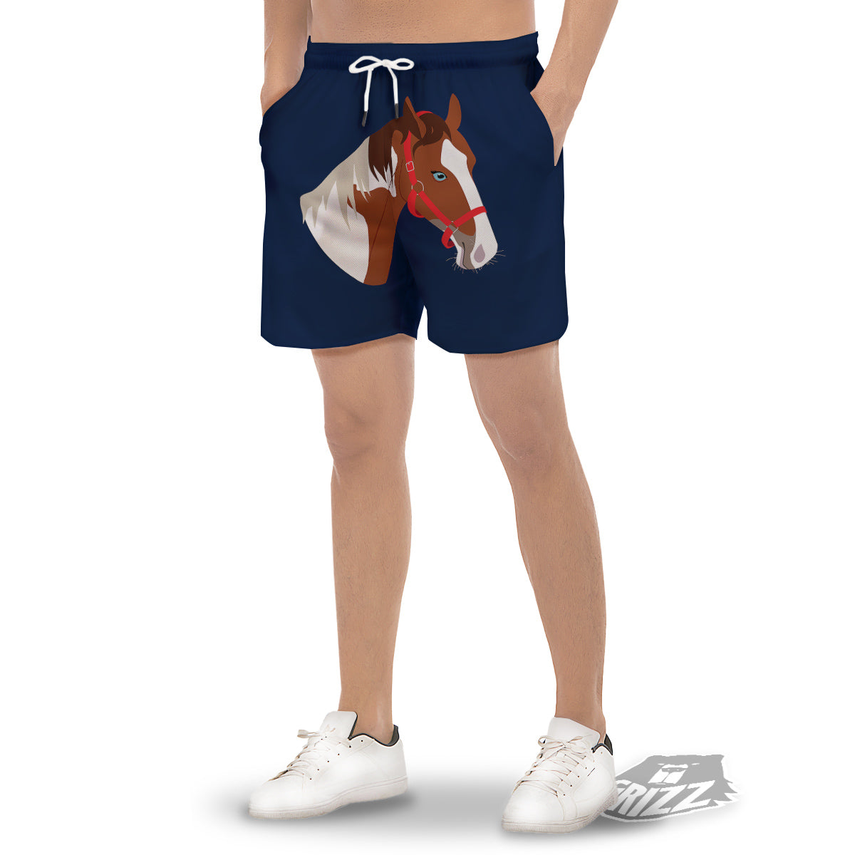 Horse Portrait Dark Blue Print Men's Gym Shorts-grizzshop