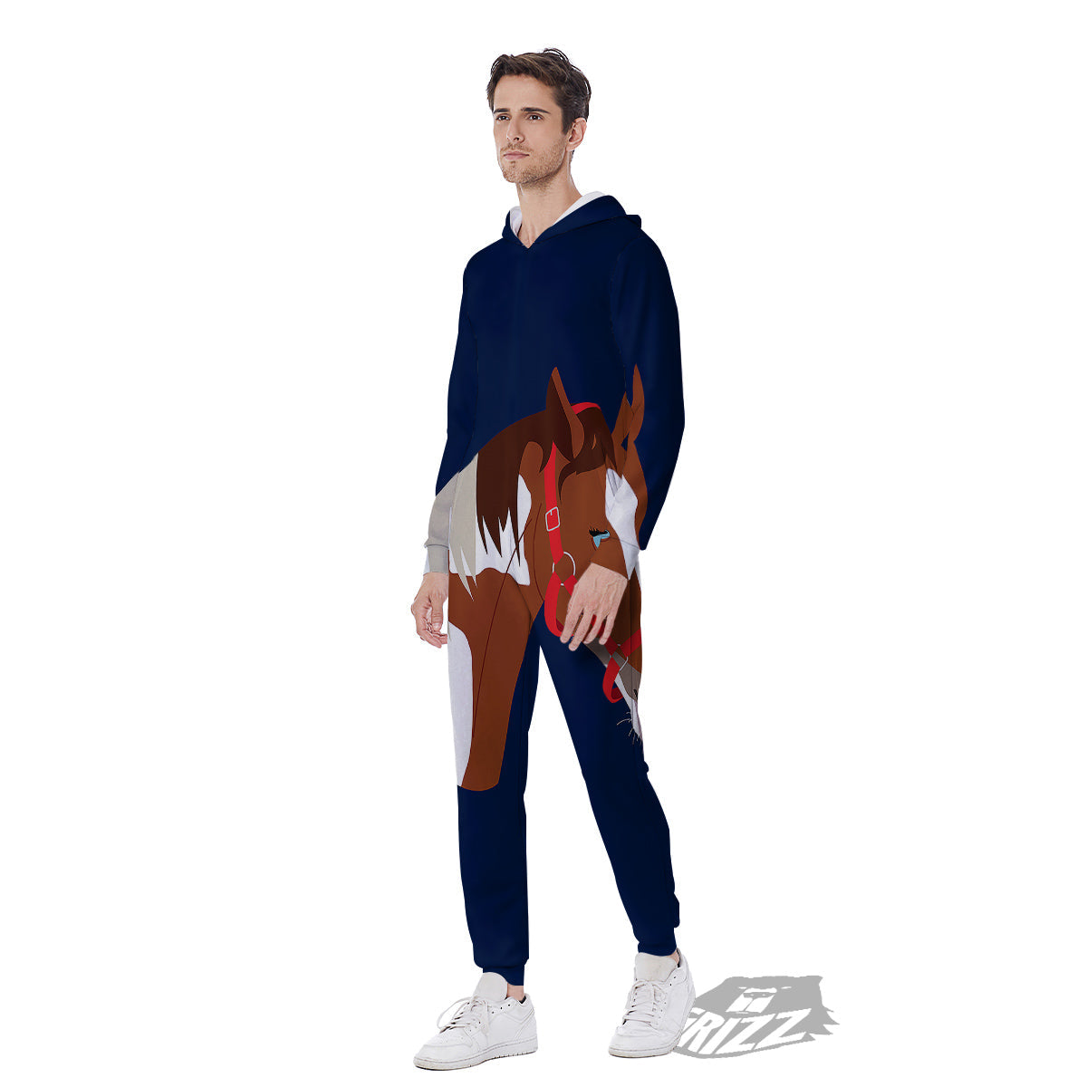 Horse Portrait Dark Blue Print Men's Jumpsuit-grizzshop
