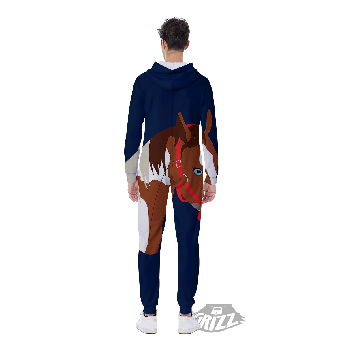 Horse Portrait Dark Blue Print Men's Jumpsuit-grizzshop