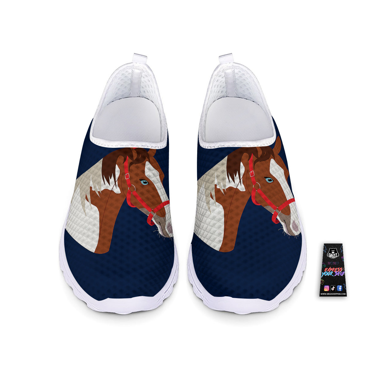 Horse Portrait Dark Blue Print Nurse Shoes-grizzshop