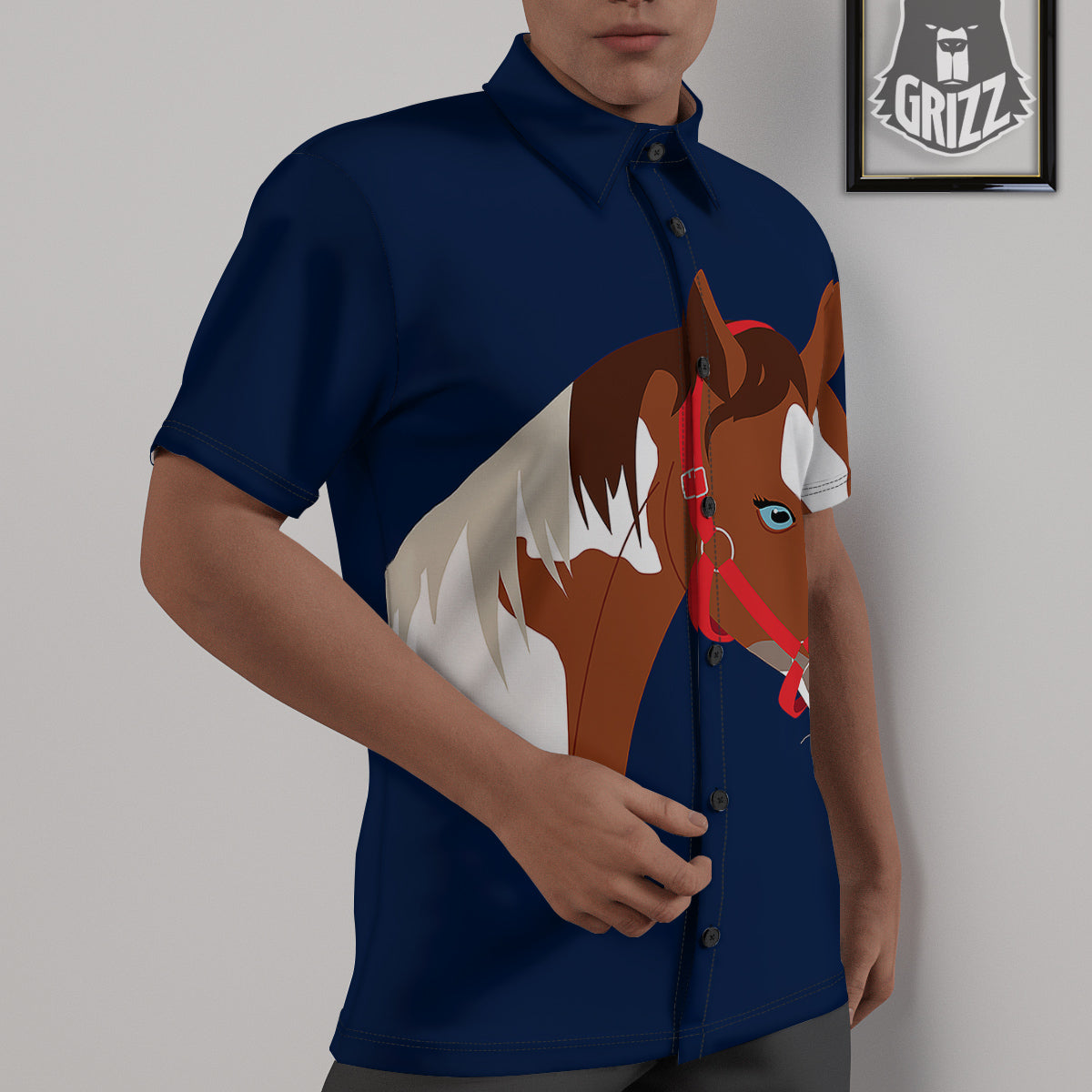 Horse Portrait Dark Blue Print Untucked Shirts-grizzshop