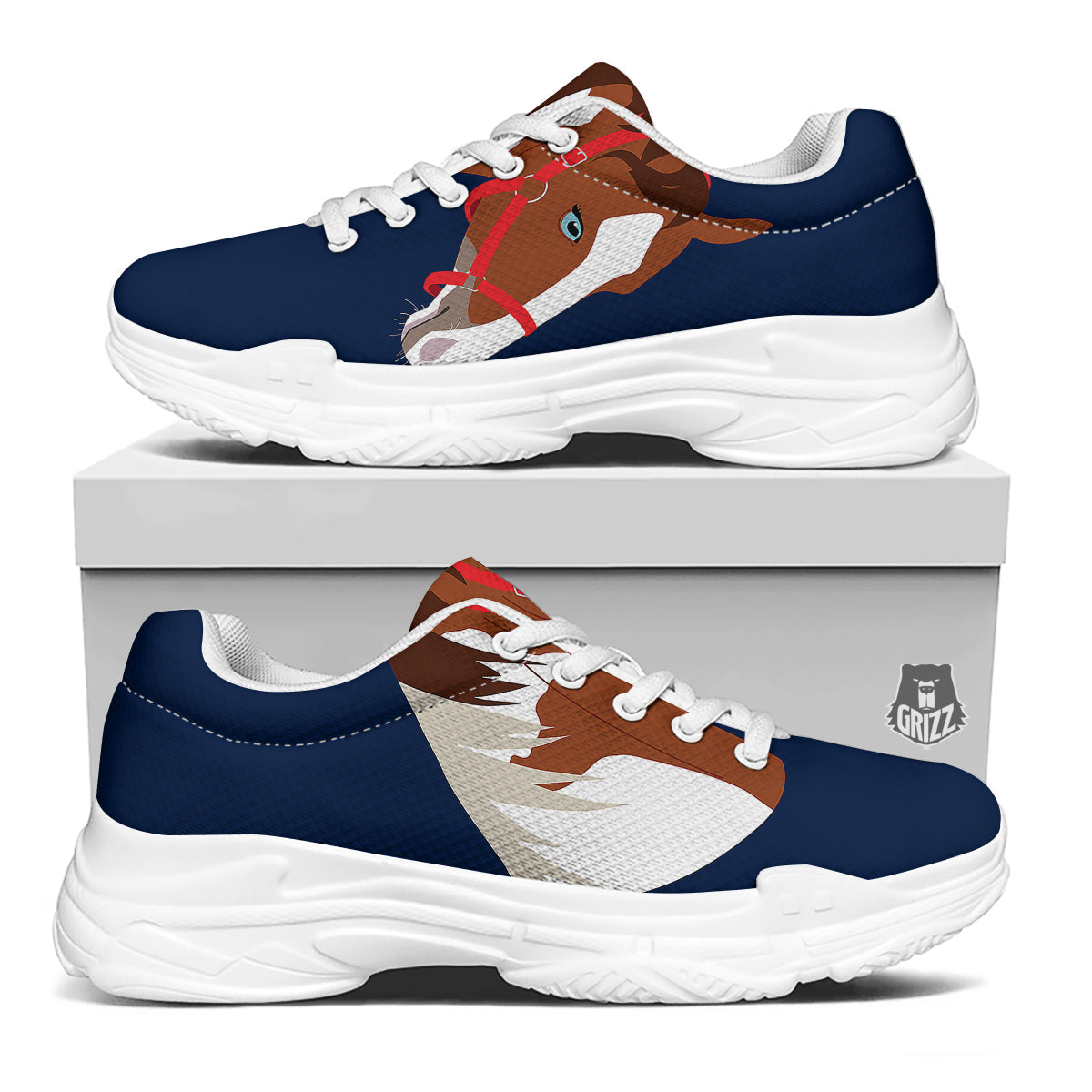 Horse Portrait Dark Blue Print White Chunky Shoes-grizzshop