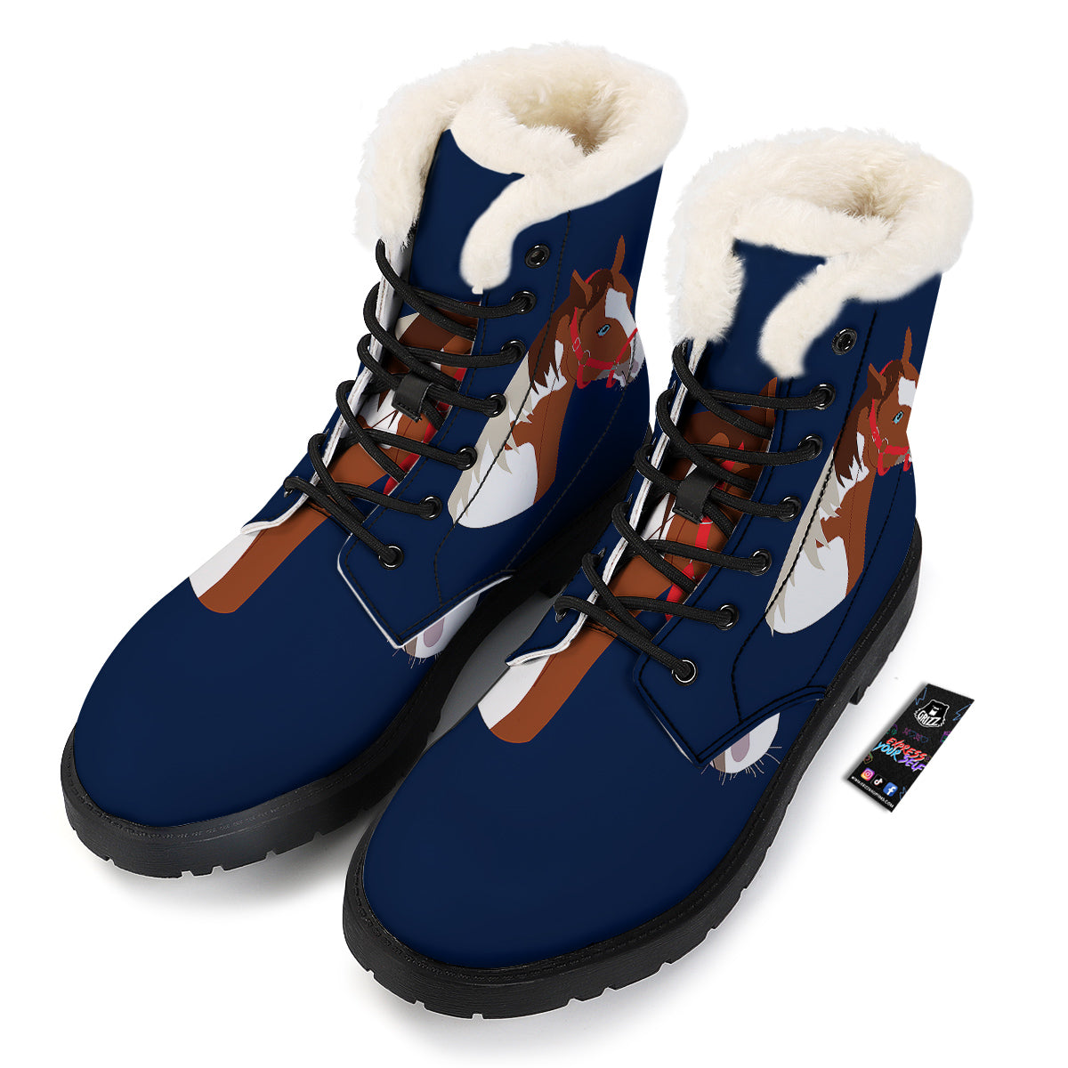 Horse Portrait Dark Blue Print Winter Boots-grizzshop