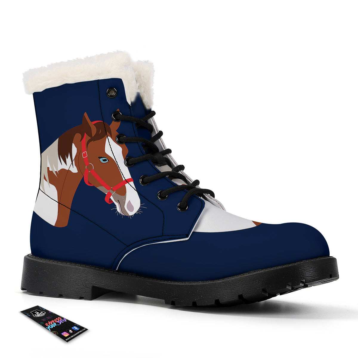 Horse Portrait Dark Blue Print Winter Boots-grizzshop