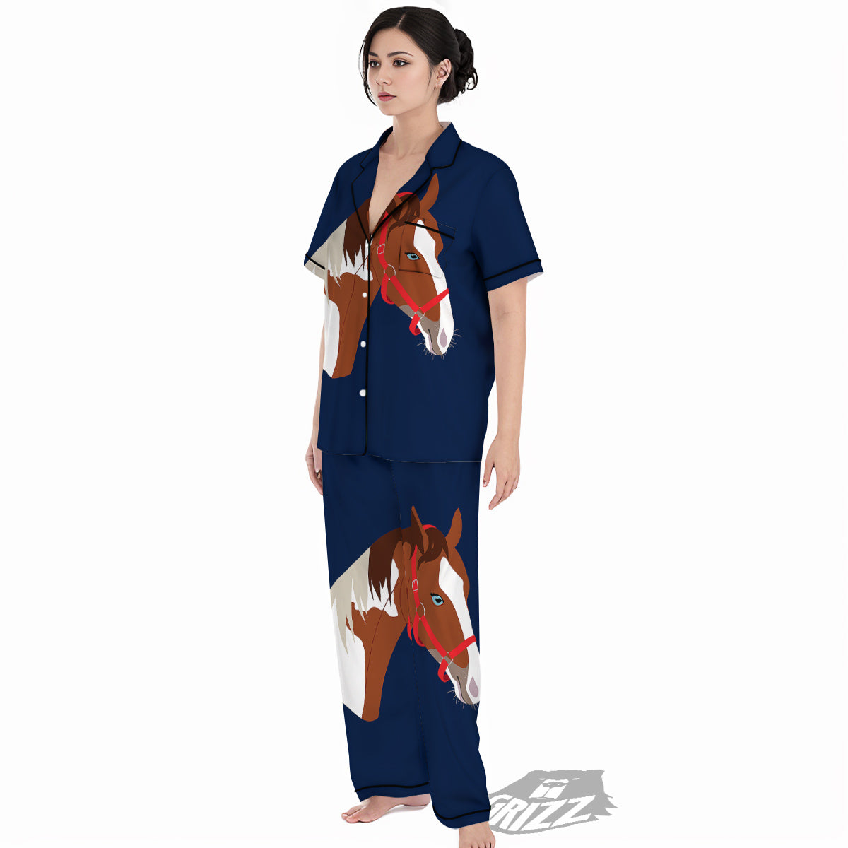 Horse Portrait Dark Blue Print Women's Pajamas Set-grizzshop