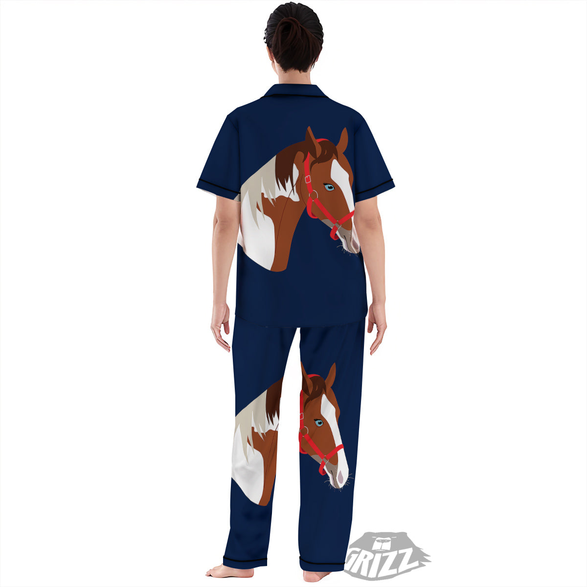 Horse Portrait Dark Blue Print Women's Pajamas Set-grizzshop
