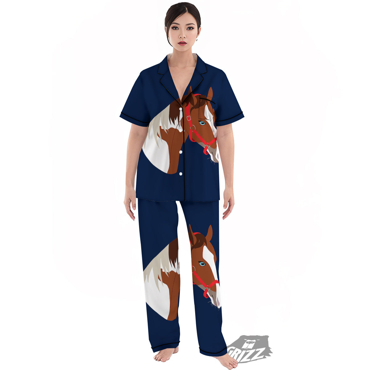 Horse Portrait Dark Blue Print Women's Pajamas Set-grizzshop