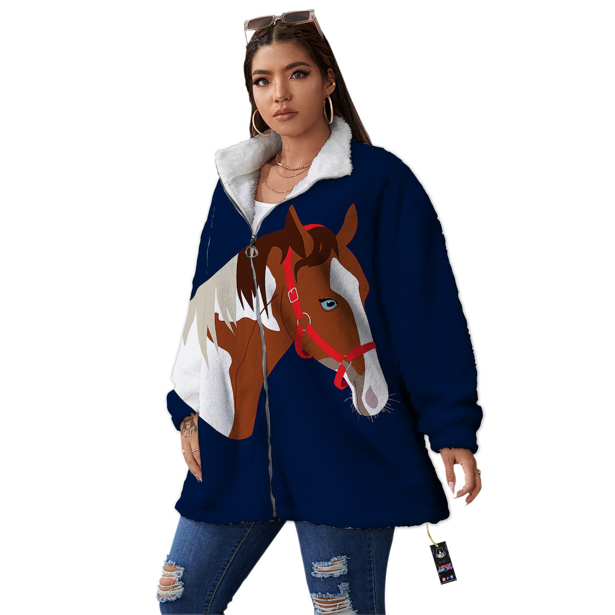 Horse Portrait Dark Blue Print Women's Sherpa Jacket-grizzshop