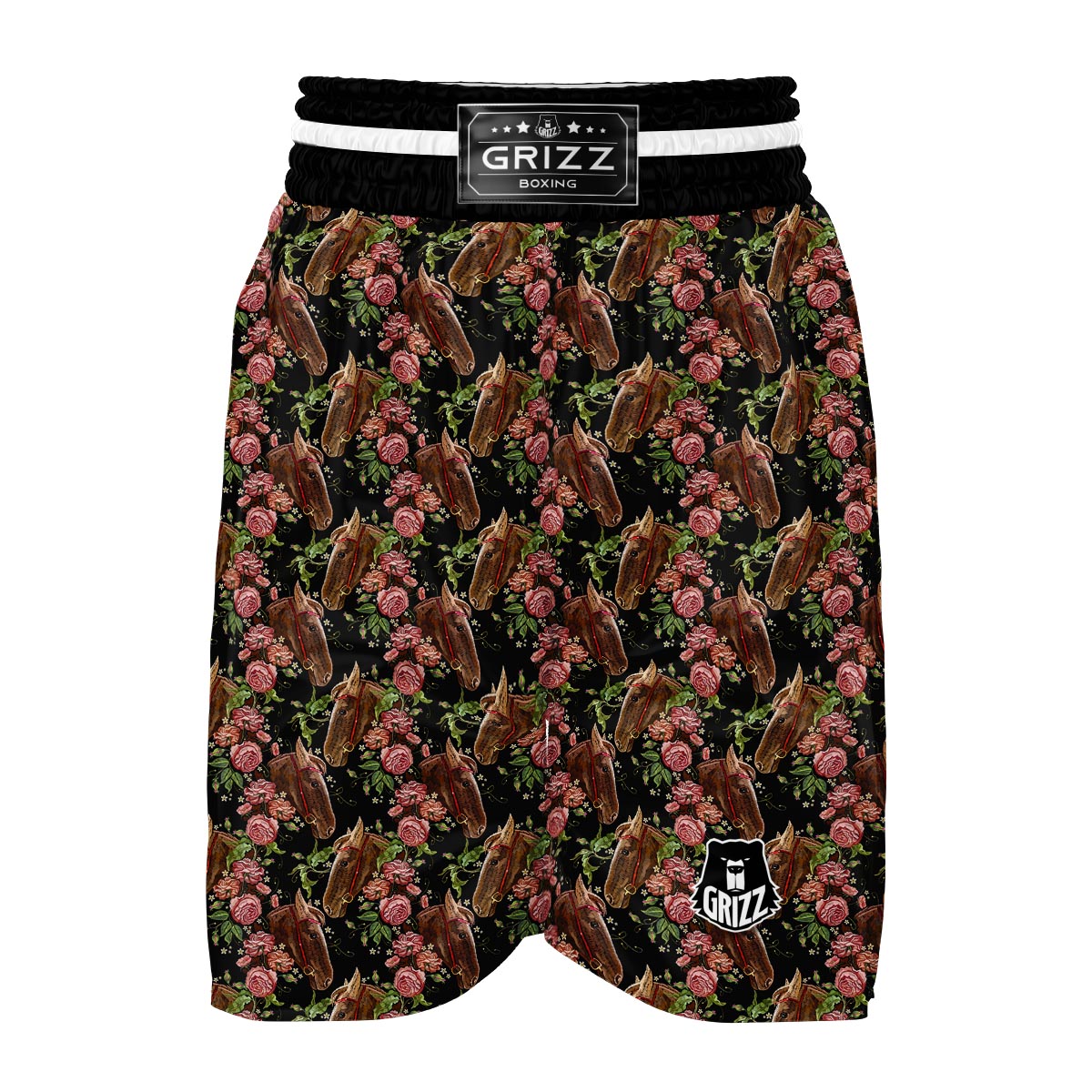 Horse Rose Pattern Print Boxing Shorts-grizzshop