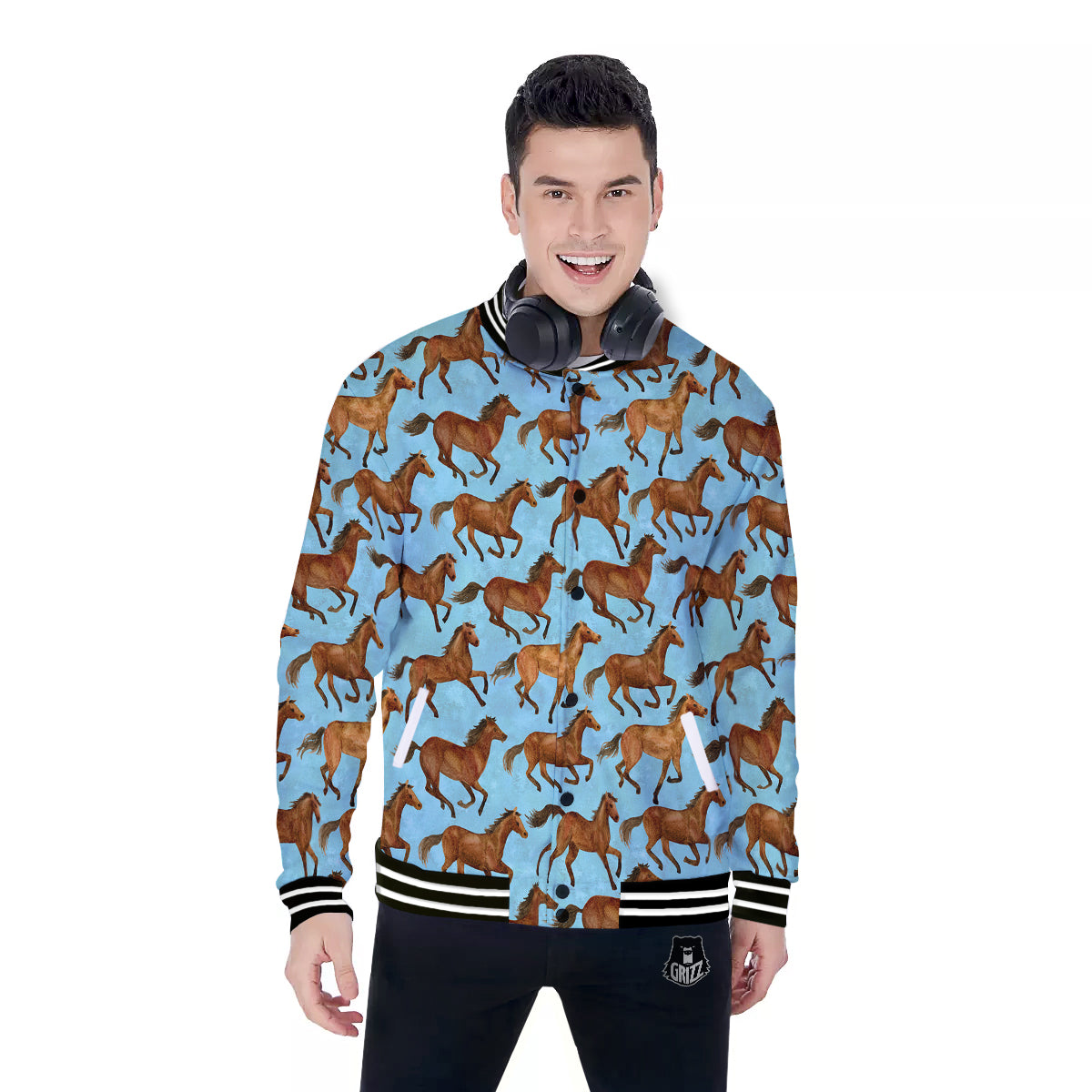 Horse Watercolor Print Pattern Baseball Jacket-grizzshop