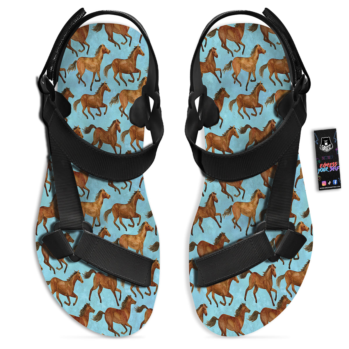 Horse Watercolor Print Pattern Black Open Toe Sandals-grizzshop