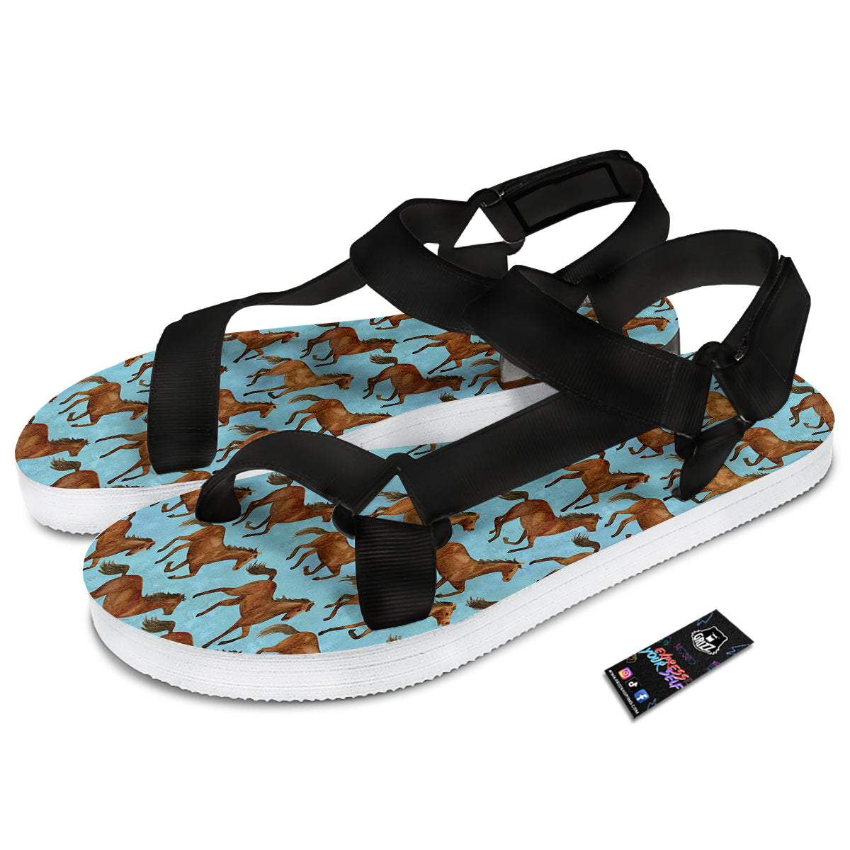 Horse Watercolor Print Pattern Black Open Toe Sandals-grizzshop