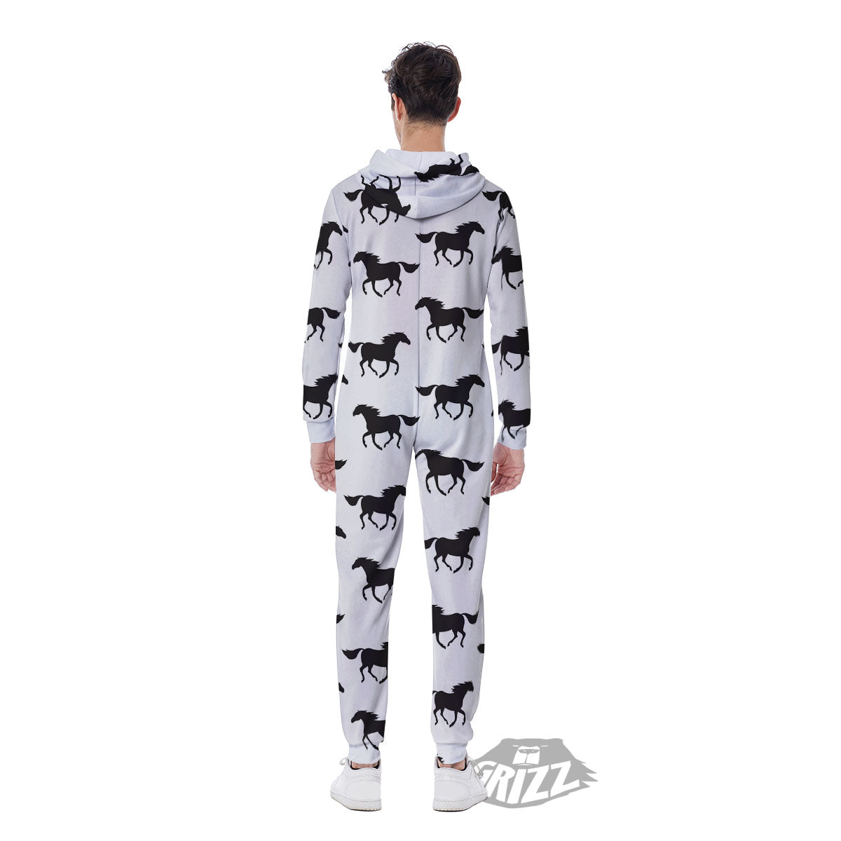 Horse White And Black Print Pattern Men's Jumpsuit-grizzshop