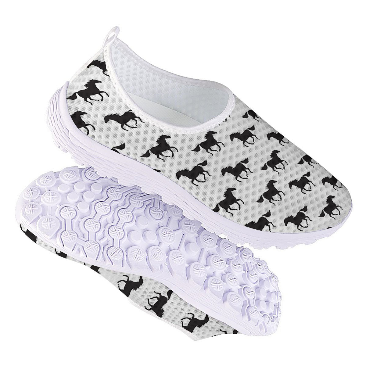 Horse White And Black Print Pattern Nurse Shoes-grizzshop