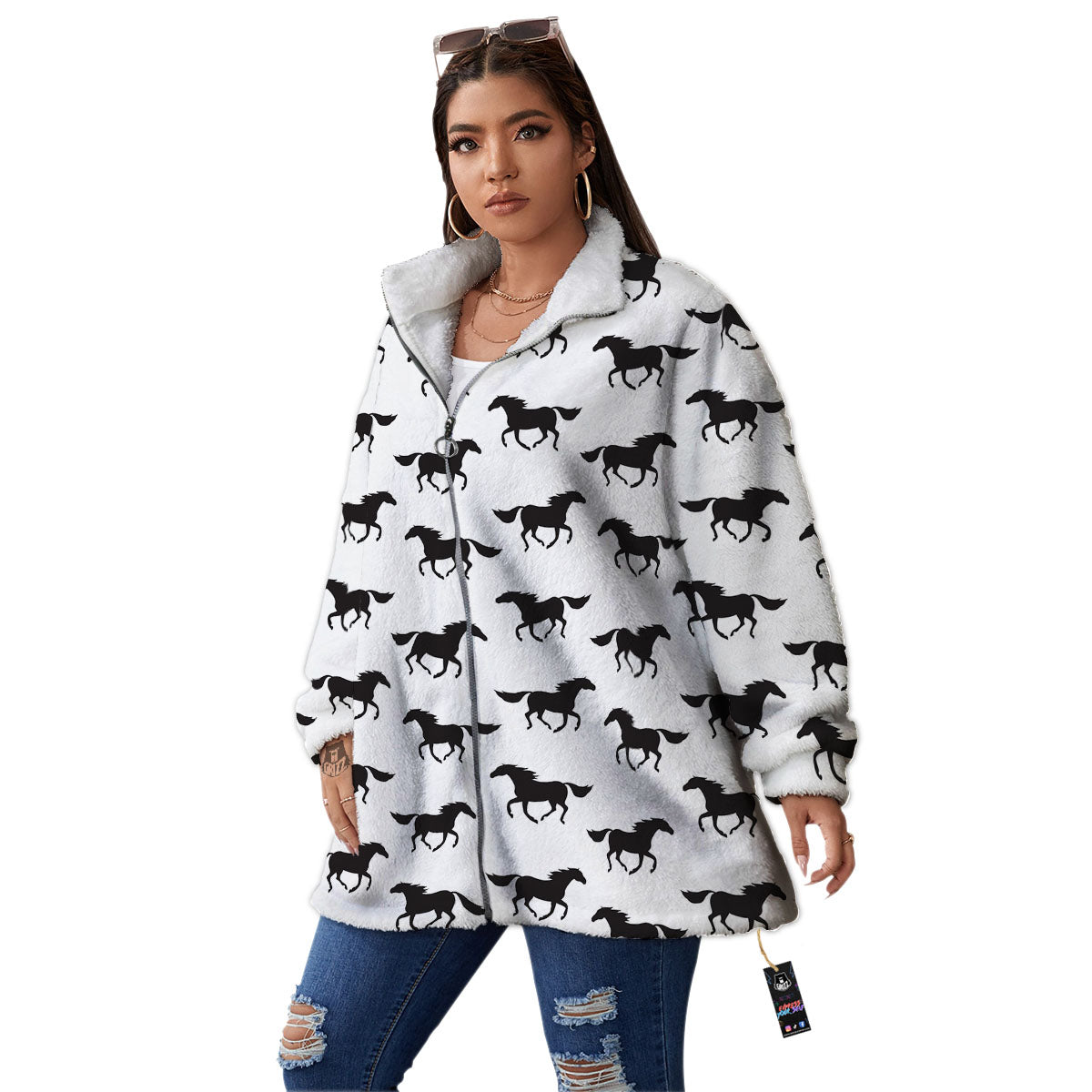 Horse White And Black Print Pattern Women's Sherpa Jacket-grizzshop