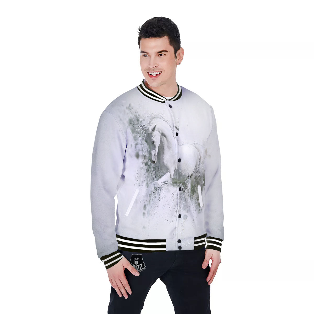 Horse White Stallion Print Baseball Jacket-grizzshop