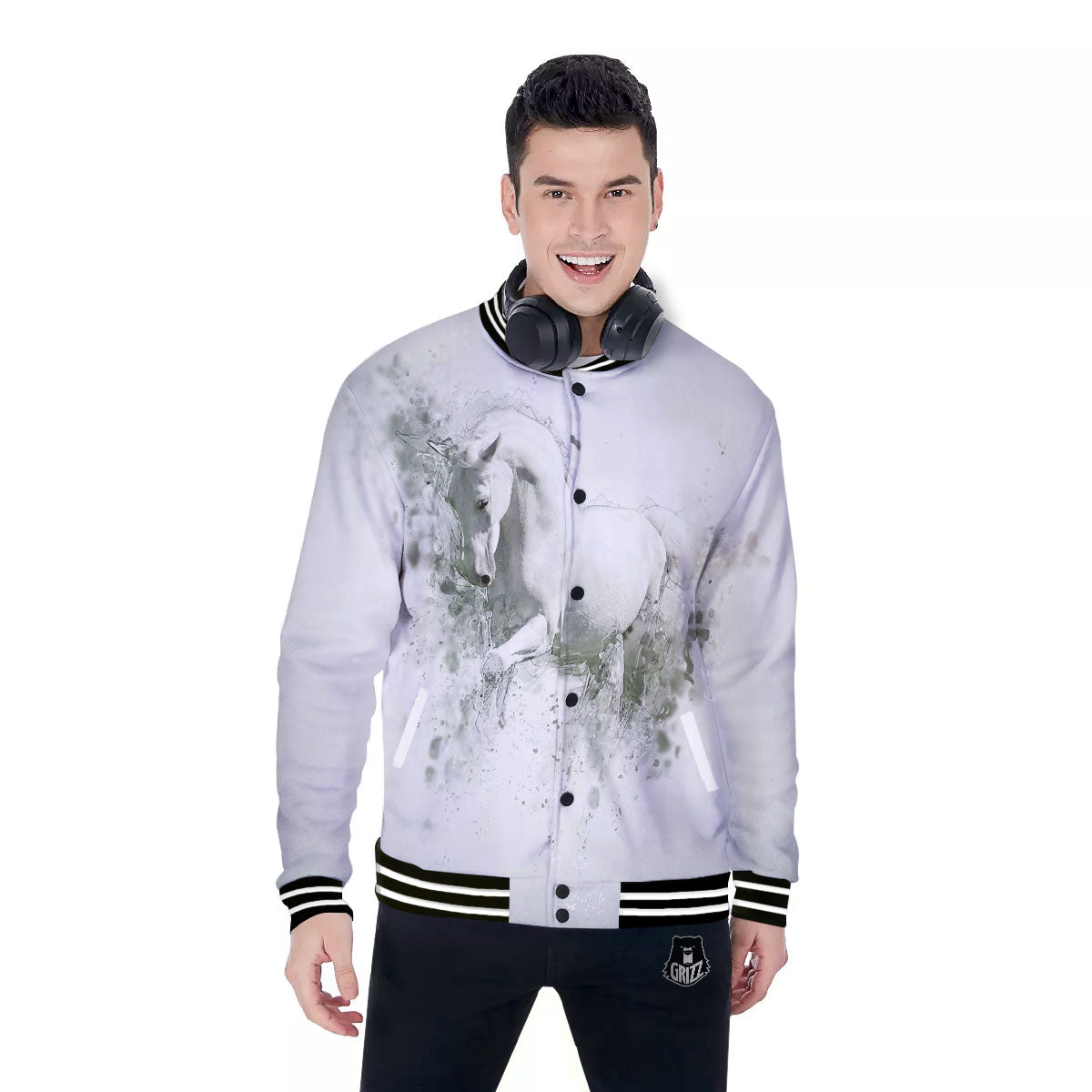 Horse White Stallion Print Baseball Jacket-grizzshop