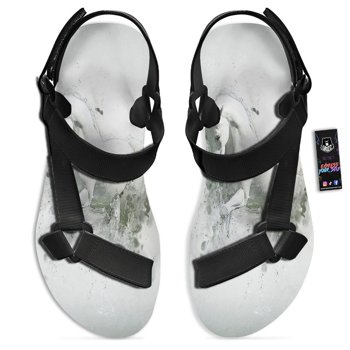 Horse White Stallion Print Black Open Toe Sandals-grizzshop