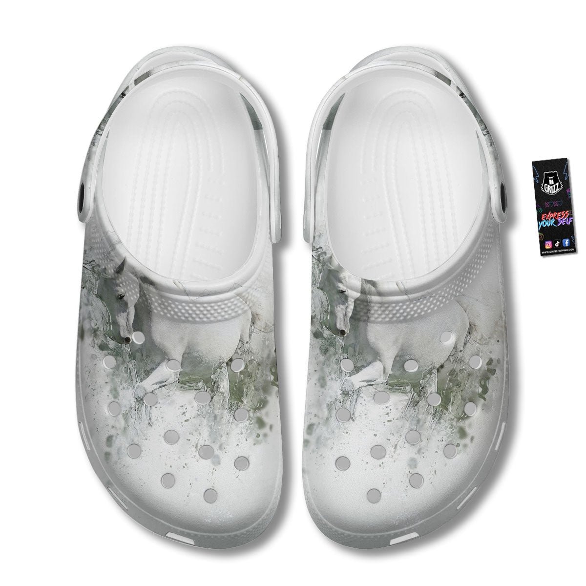 Horse White Stallion Print Clog-grizzshop
