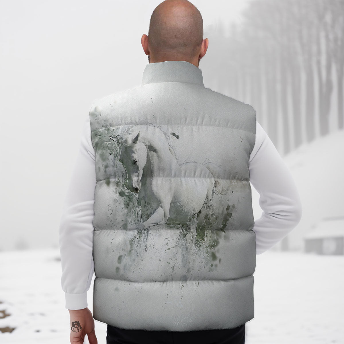 Horse White Stallion Print Down Vest