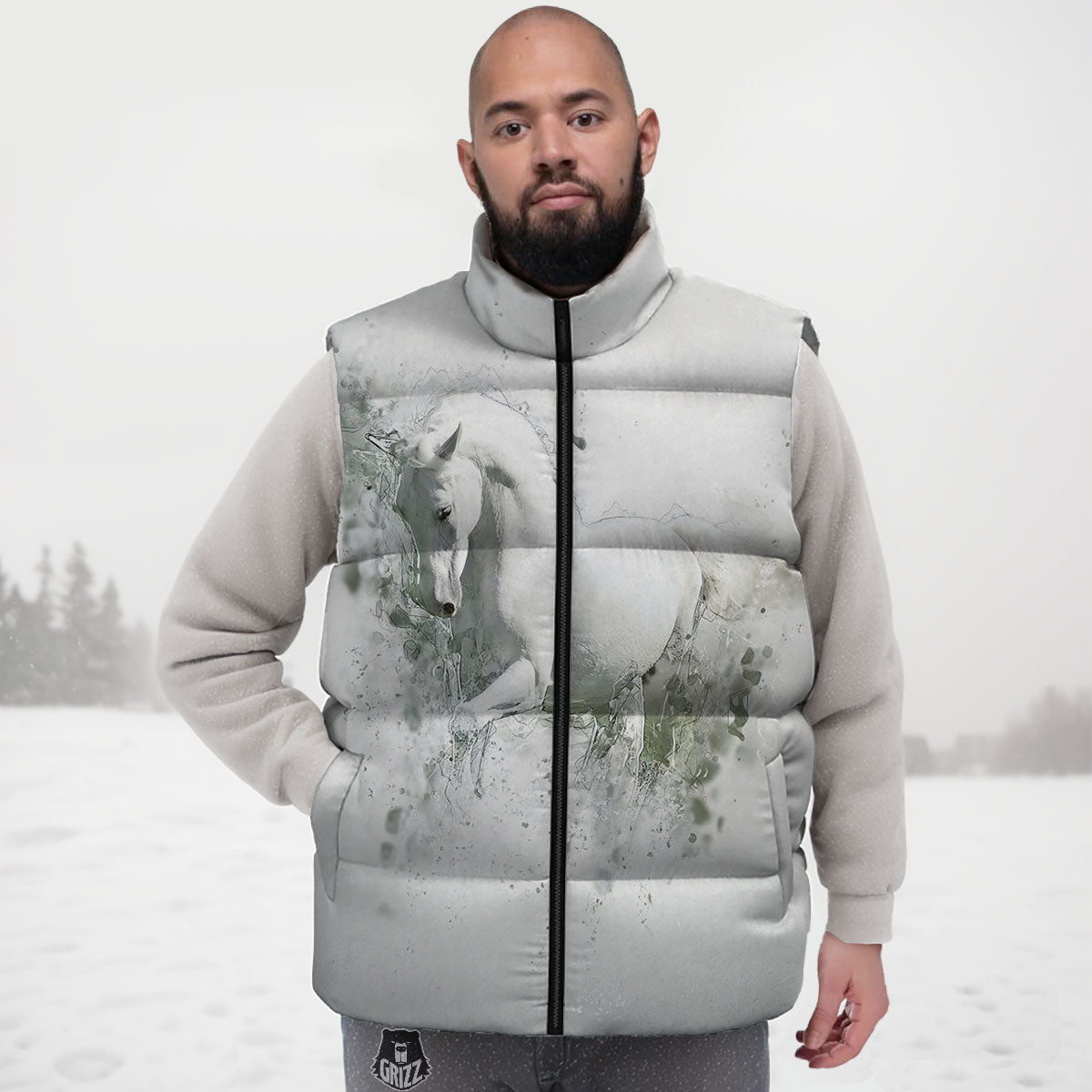 Horse White Stallion Print Down Vest
