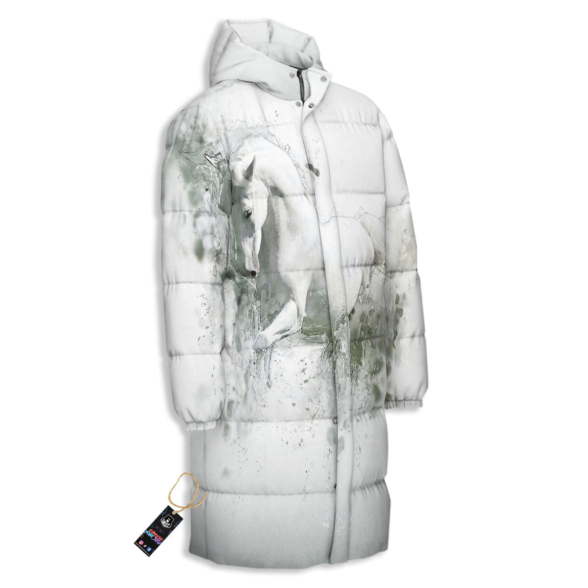 Horse White Stallion Print Long Down Jacket-grizzshop