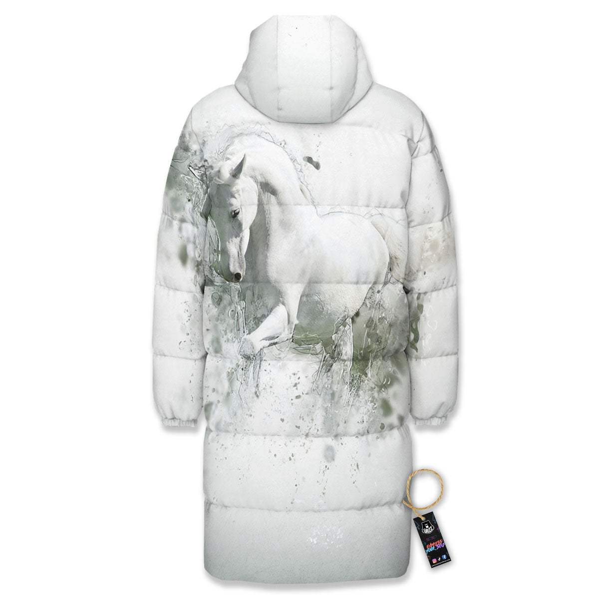 Horse White Stallion Print Long Down Jacket-grizzshop