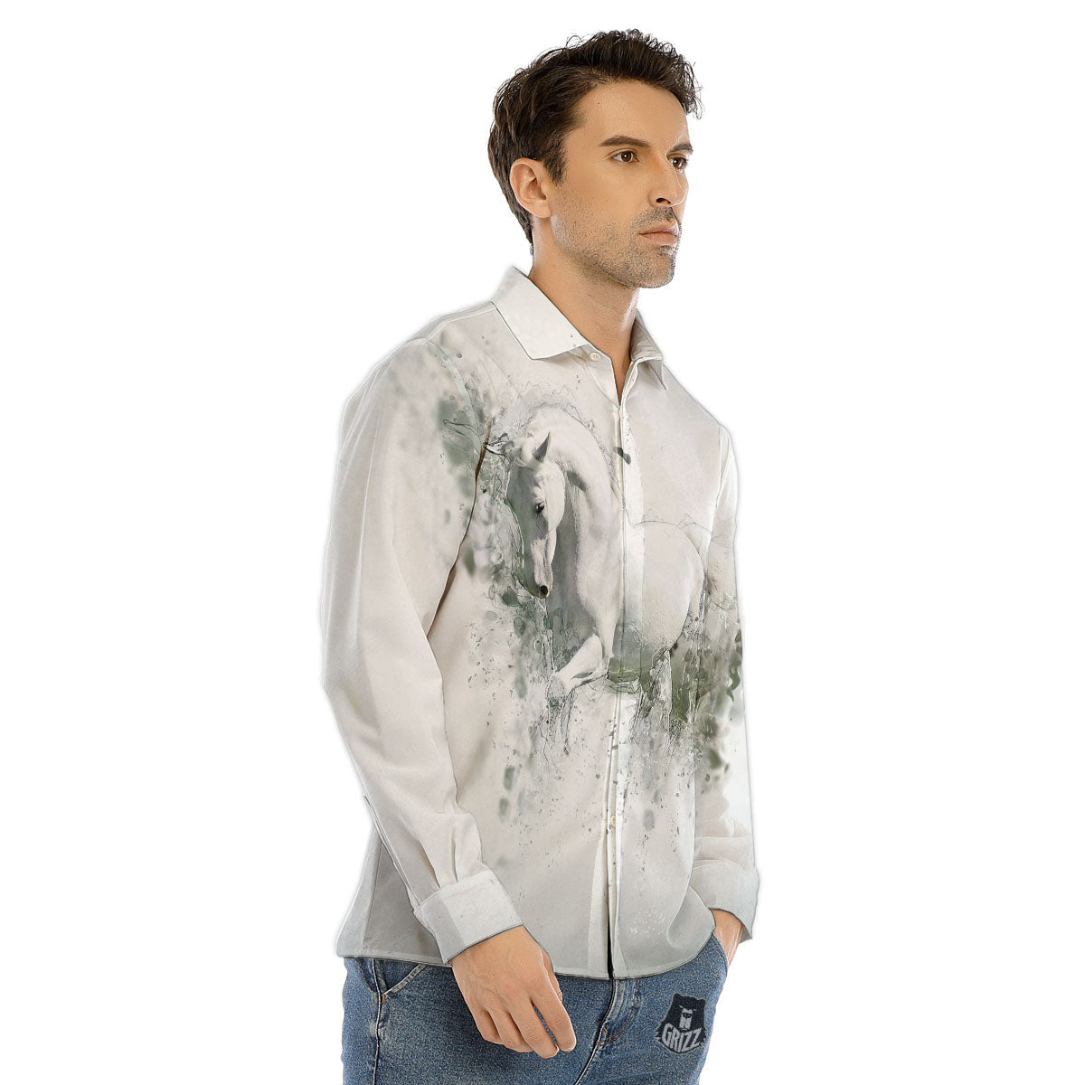 Horse White Stallion Print Men's Dress Shirts-grizzshop